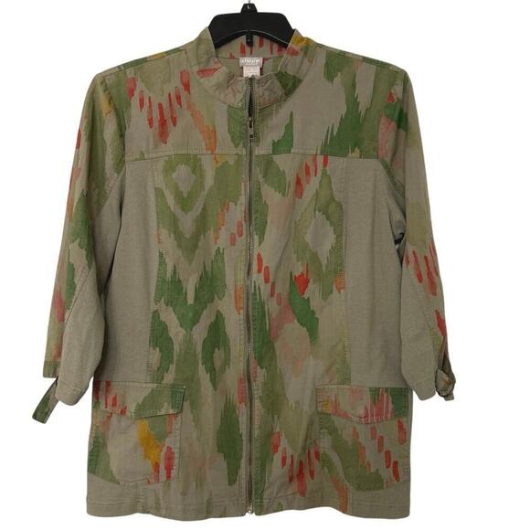 CHICO’S ZENERGY NWT Ikat Print Olive Green & Khaki Utility Jacket Size 3 (16-18) - Picture 3 of 15
